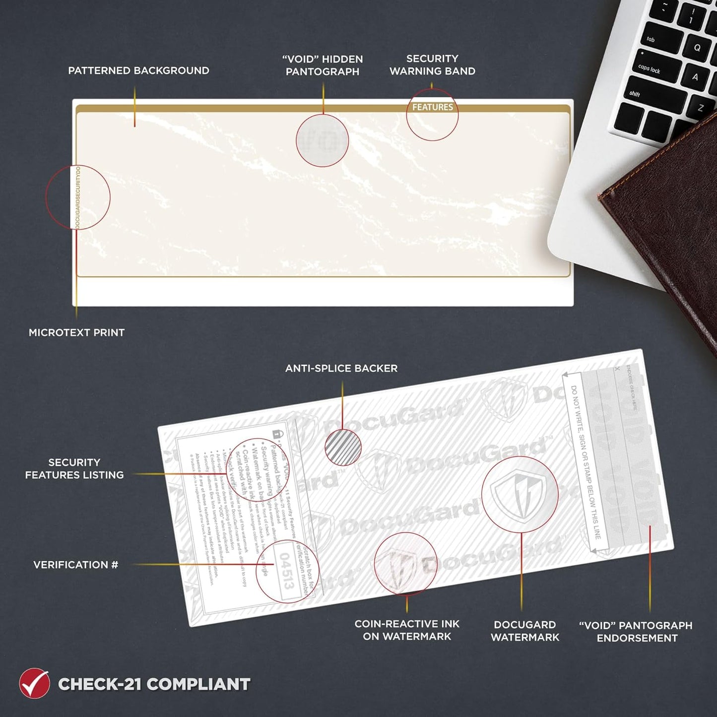 DocuGard Standard Gold Marble Middle High Security Check Paper - Laser/Inkjet Printer Compatible - 11 Security Features - 500 Blank Business Checks (04513)