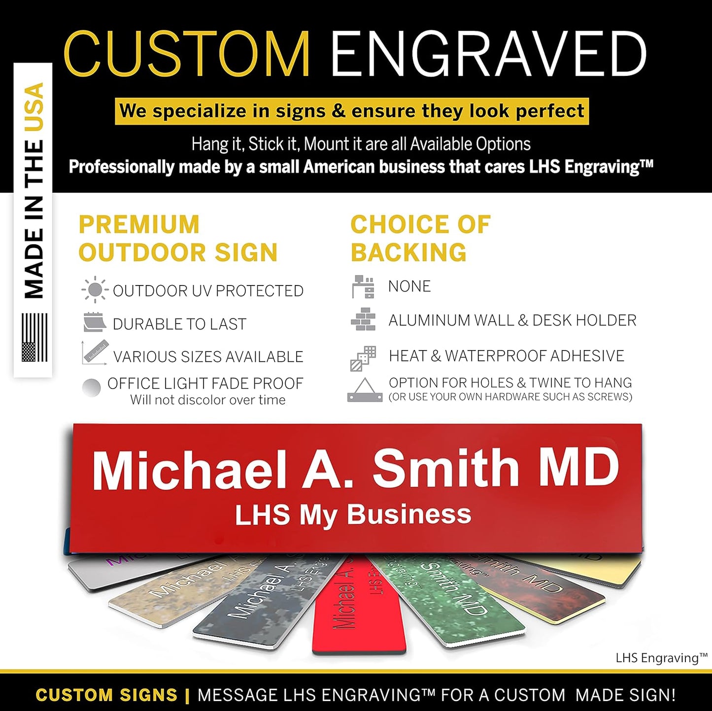 Engraved Door Signs for Office Personalized Red Plastic Door Plaque White Letters - Made in USA 2x10 B7