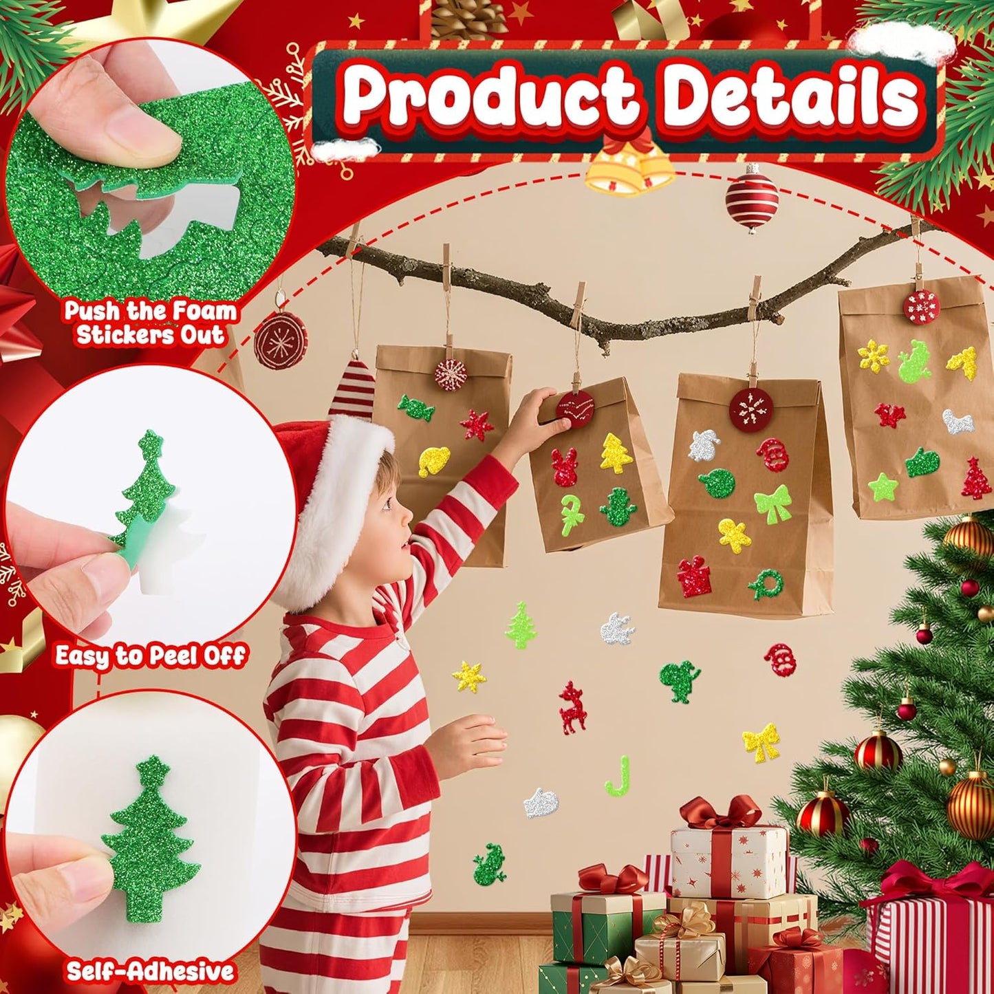 Foam Stickers Glitter Colorful Self Adhesive Stickers, Sticker for Kids Crafts Arts Supplies Scrapbooking DIY Greeting Card Envelopes Home Decor(Christmas Style)