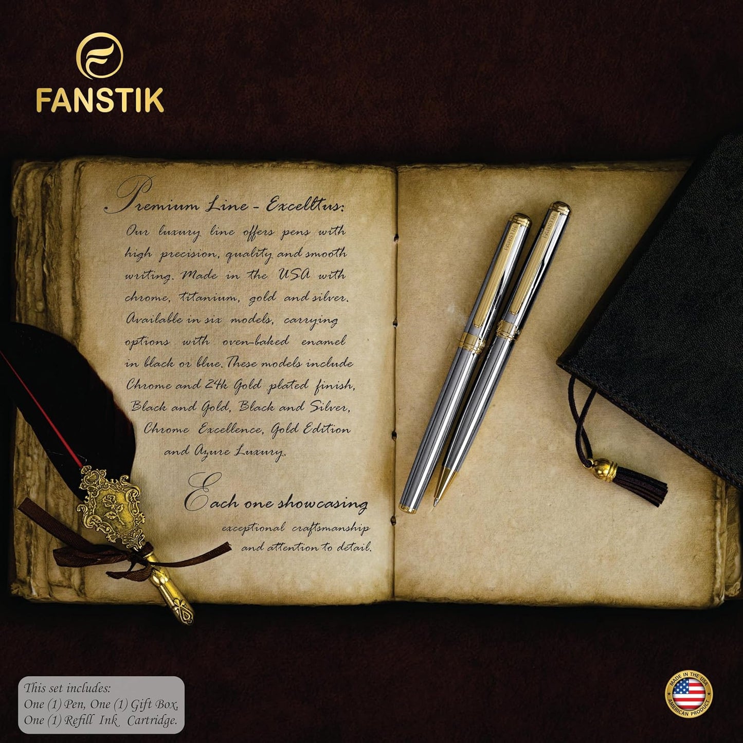 Customized Silver&Gold Luxury fountain pen (Made In USA) fancy gift set for women, Real 24K Gold Plating, Professional executive pen gift set for men (Lux Custom-fountain Silver-Gold)