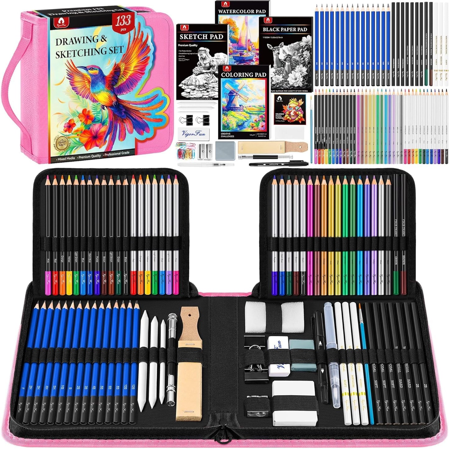 133 PCS Art Supplies Sketching Kit, Pro Drawing Pencils with Sketchbook, Coloring Book, Watercolor Pad, Black Paper Pad, Colored Graphite Charcoal Watercolor & Metallic Pencils for Artists Adults Kids