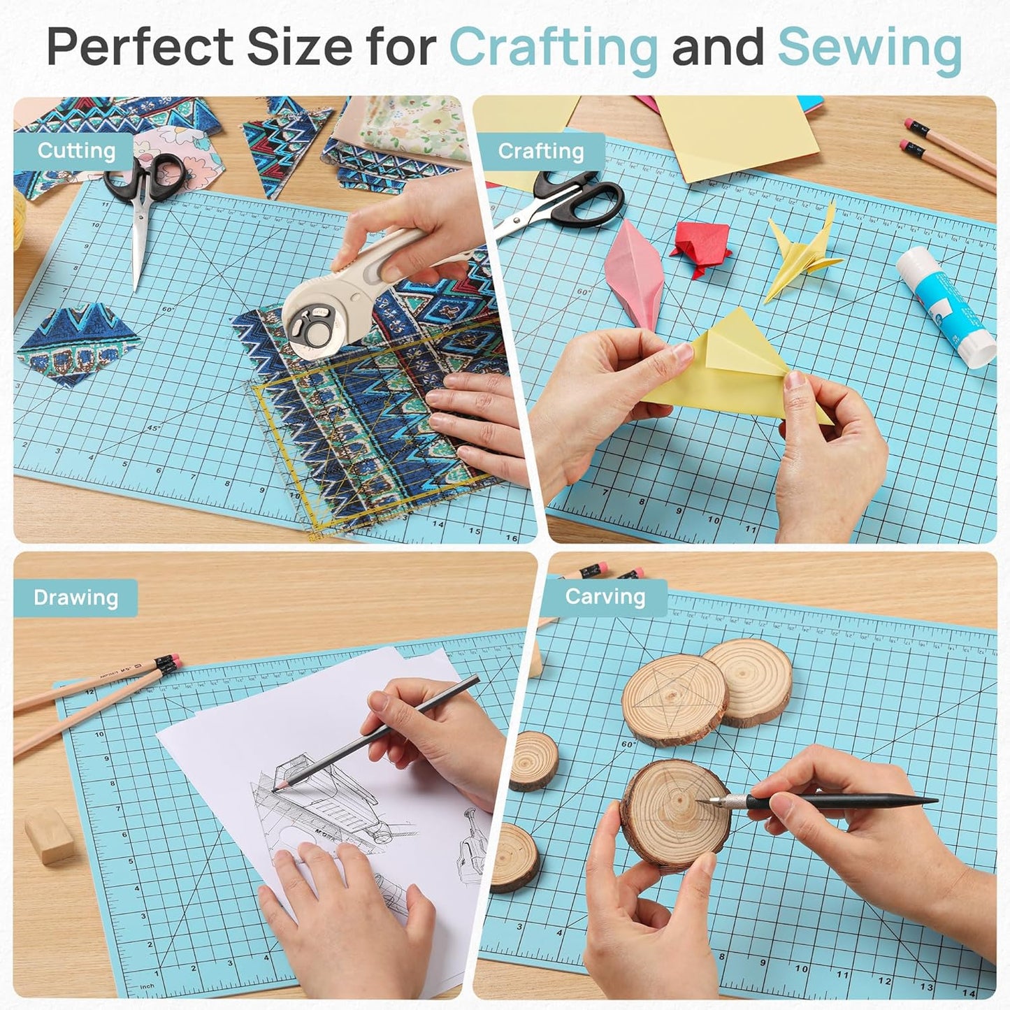 Full 18''x12'' Grid Size Self Healing Cutting Mat, A3 Rotary Cutting Sewing Mat, 5-Ply Double Sided Cutting Board for Crafts Sewing Quilting Hobby Fabric Precision Scrapbooking Project, Aqua Blue