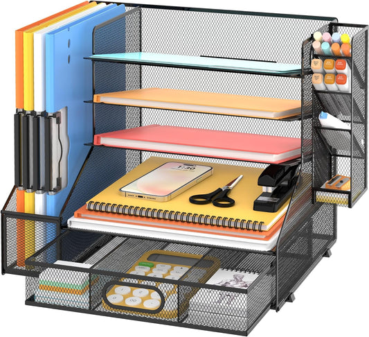 DALTACK Mesh Desk Organizer, 5-Tier Paper Letter Tray with File Holder & Pen Holder & Sliding Drawer, Desktop Organizer and Storage for Desk Accessories Office Supplies, Black