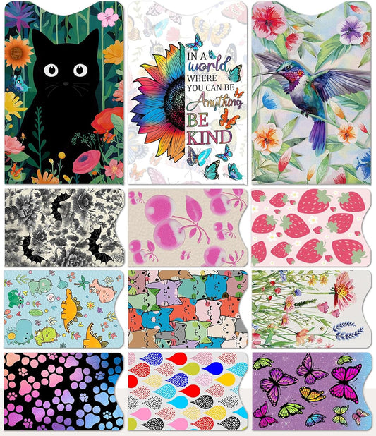 12 PCS RFID Blocking Sleeves, Credit Card Holder for Women Men Protect Cards Identity from Electronic Theft Travel Case Set (Black Cat Flower)