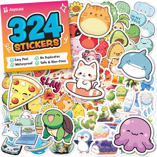 Cute Stickers for Kids - Kawaii Stickers for Kids Classroom Decor, Water Bottle & Teacher Rewards - 324pc Easy Peel Bulk Pack for Teens - Waterproof Vinyl Decals - Scrapbooking, Journaling, Notebook