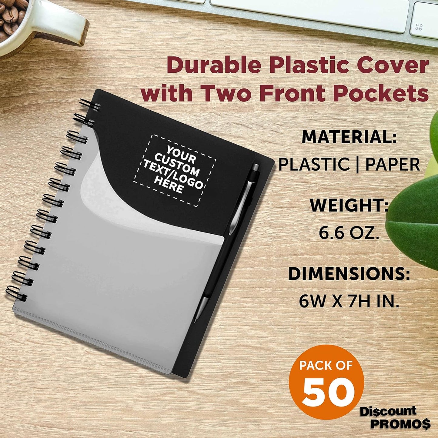 DISCOUNT PROMOS Custom Spiral Notebooks with Front Pocket Set of 50, Personalized Bulk Pack - Durable Plastic Cover, Includes Matching Pen in Blank Ink, Perfect for School, Office, Home - Black