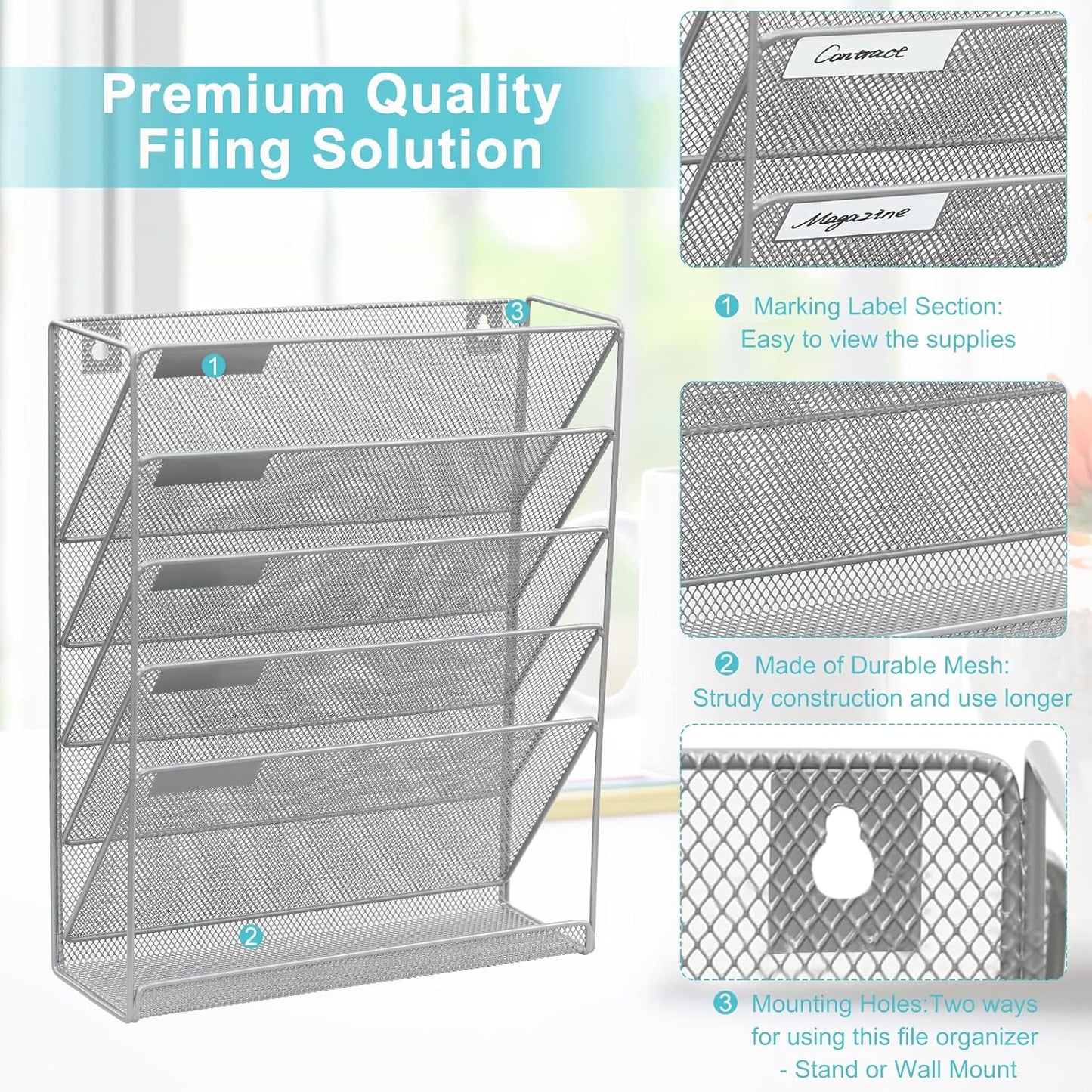 EasyPAG Wall File Organizer 5 Tier Vertical Hanging File Organizer Wall Mounted File Holder Paper Folder Rack with Bottom Flat Tray for Office and Home,Sliver