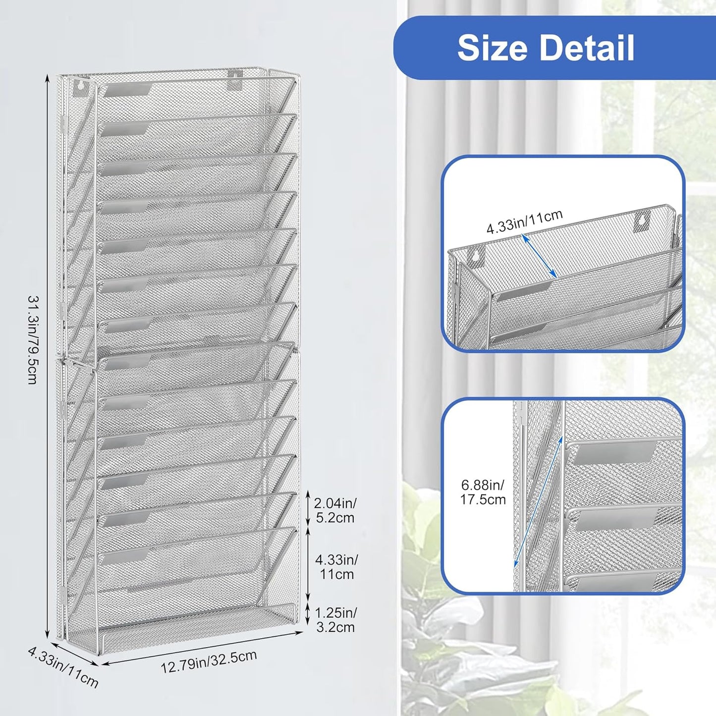 EasyPAG 14 Tier Wall File Holder with Flat Tray, Silver | Easy Assemble Mesh Desk File Organizer | 13-Folder Paper Storage | Replaceable Classify Labels | Space Saving Mail Organizer for Office Home