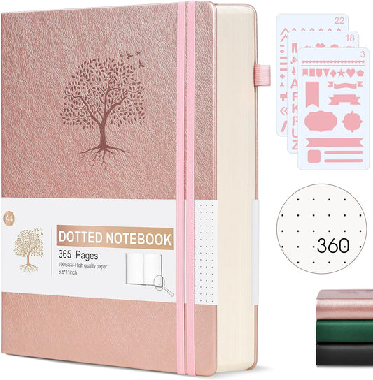 Dotted Journal Notebook, 360 Numbered Pages Dot Grid Notebooks 8.5 x 11, 100gsm Dot Paper Thick Hardcover Leather Journals for Writing Women Men, A4 Large Bullet Dotted Notebooks for Work Pink