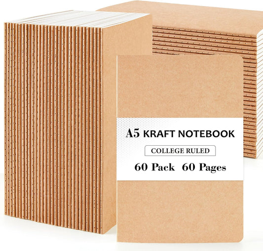 feela 60 Pack Kraft Notebooks Bulk, Lined Travel Journals Note Pad Notebooks for Men Women Girls Students, Making Plans Writing Memos Office School Supplies, A5, 60 Pages, 8.3” X 5.5”