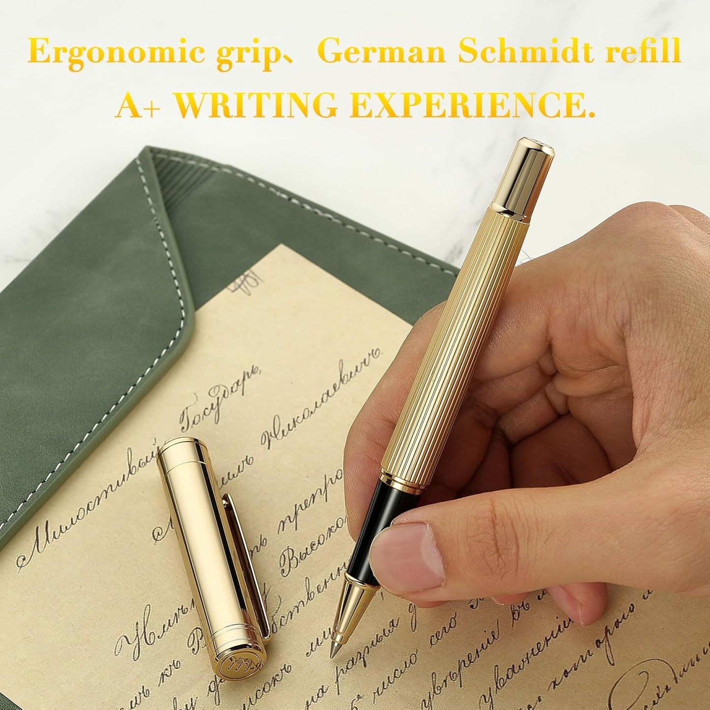 BEILUNER Lighthouse Series Rollerball Pen, 24K Gold Finish Pen Body, Exquisite Vertical Lines, Schneider 850 Refill, Nice Pen Gift Set for Men & Women, Office, Executive and Fancy Designer Pens (Gold)