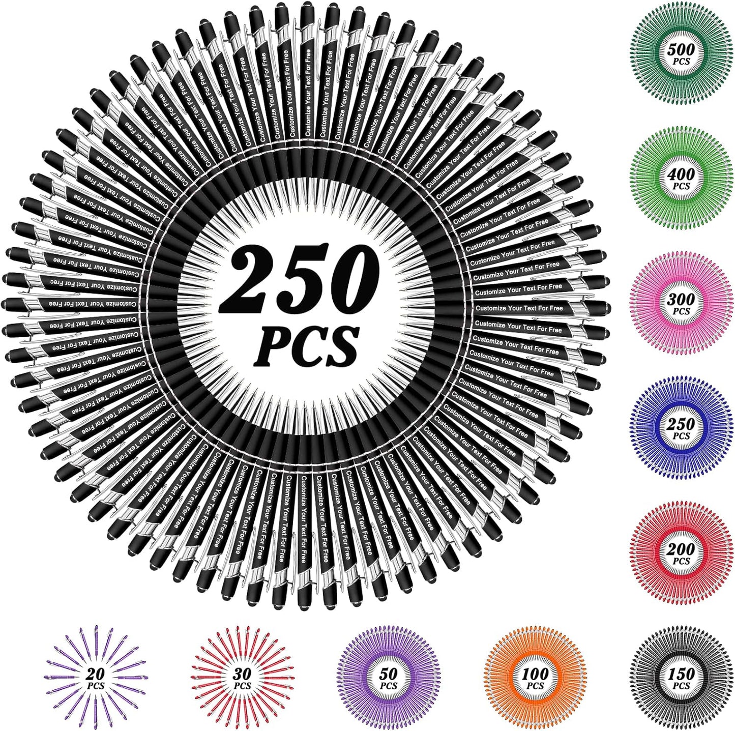 Max 500 Pcs Personalized Pens Bulk, Custom Pens with Free Engraving, Customized Stylus Tip Ballpoint Pen with Your Name Massage Text for School Office Business Graduation Anniversaries-250 Packs