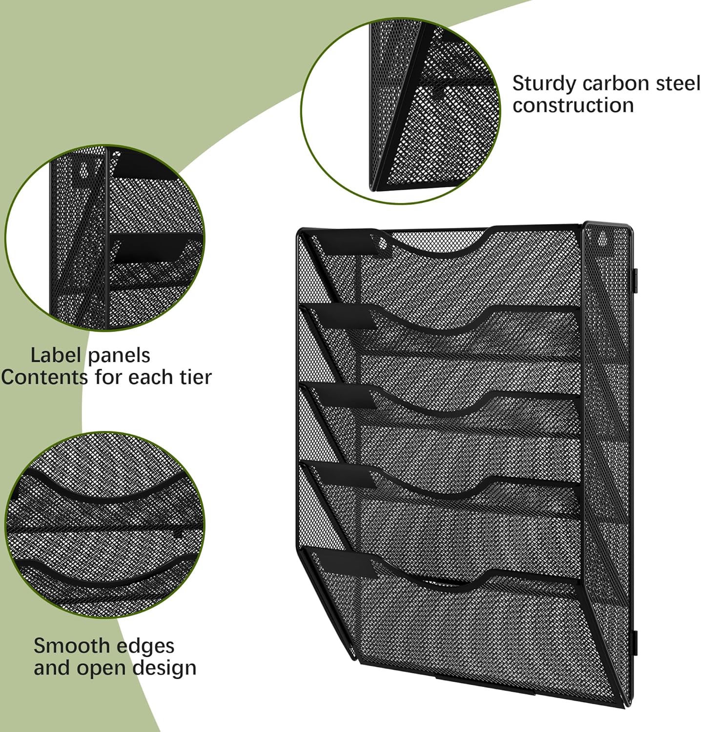 EasyPAG Wall File Holder Organizer 5 Pocket Mesh Hanging Wall Mounted Document Paper Folder Filing Magazine Rack with Nametag Label for Office Home School, Black