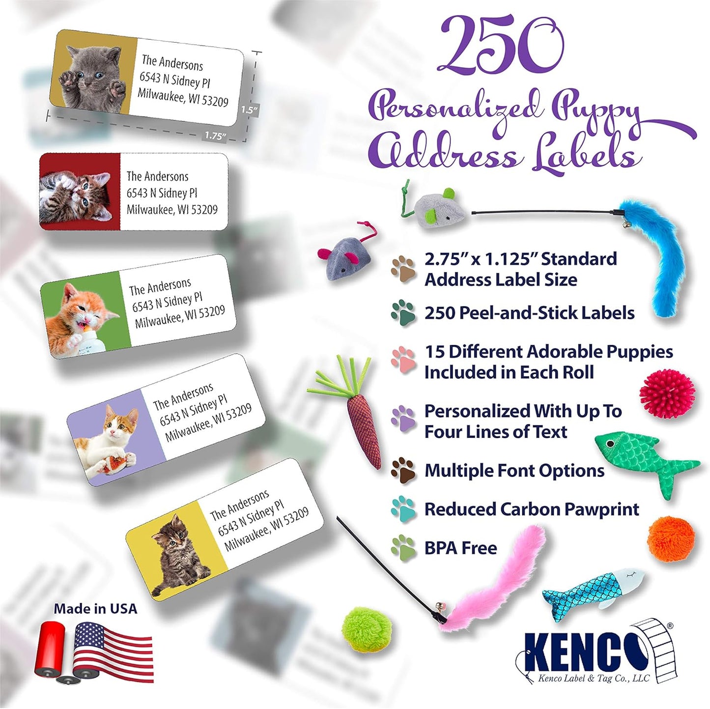 Customized Personalized Address Labels - Made in The USA by Kenco (250 Labels, Kittens)