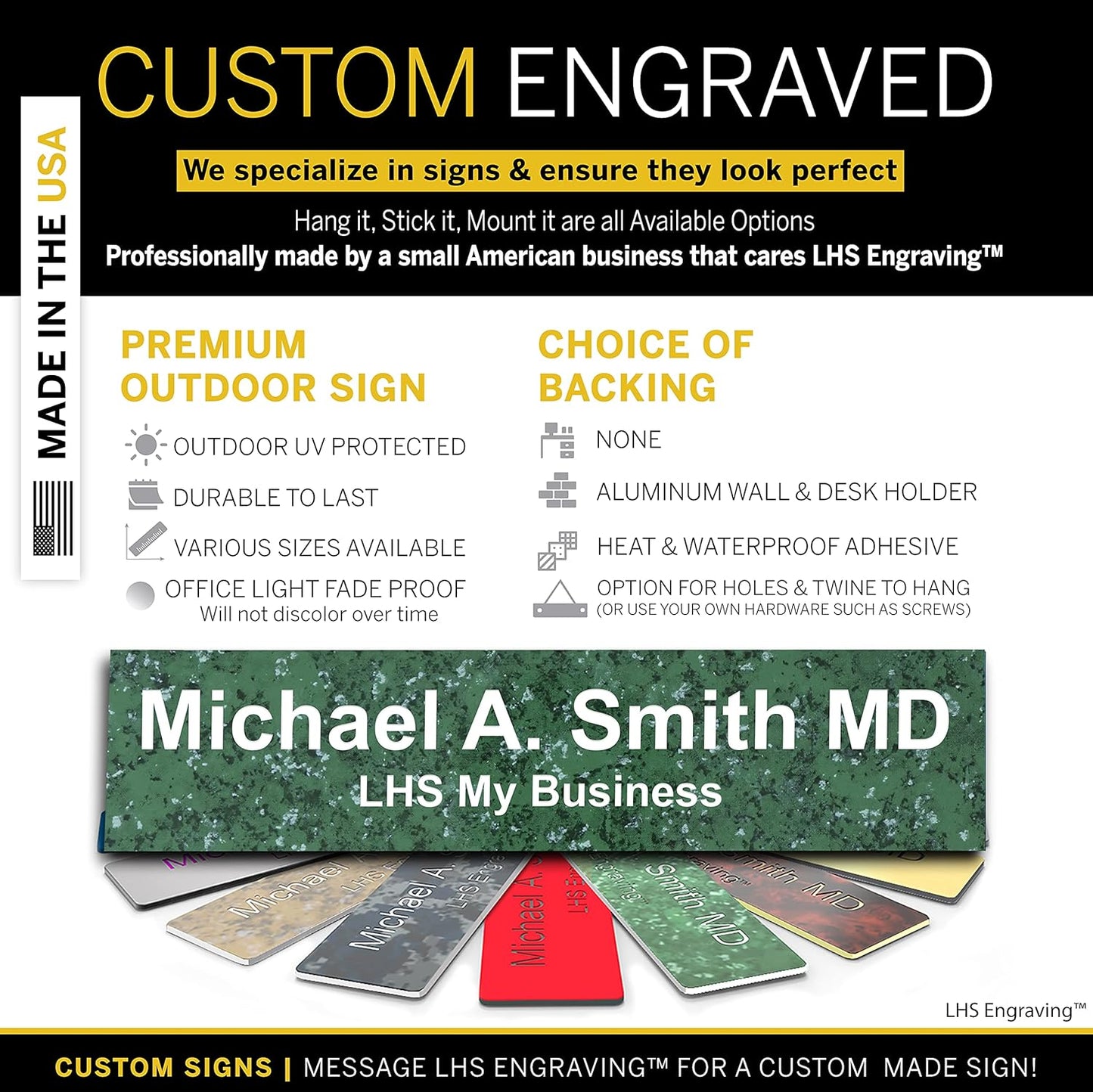 Engraved Name Plates for Door Sign Personalized Green Marble Plastic Plaque with White Letters - Made in USA 2x12 S4