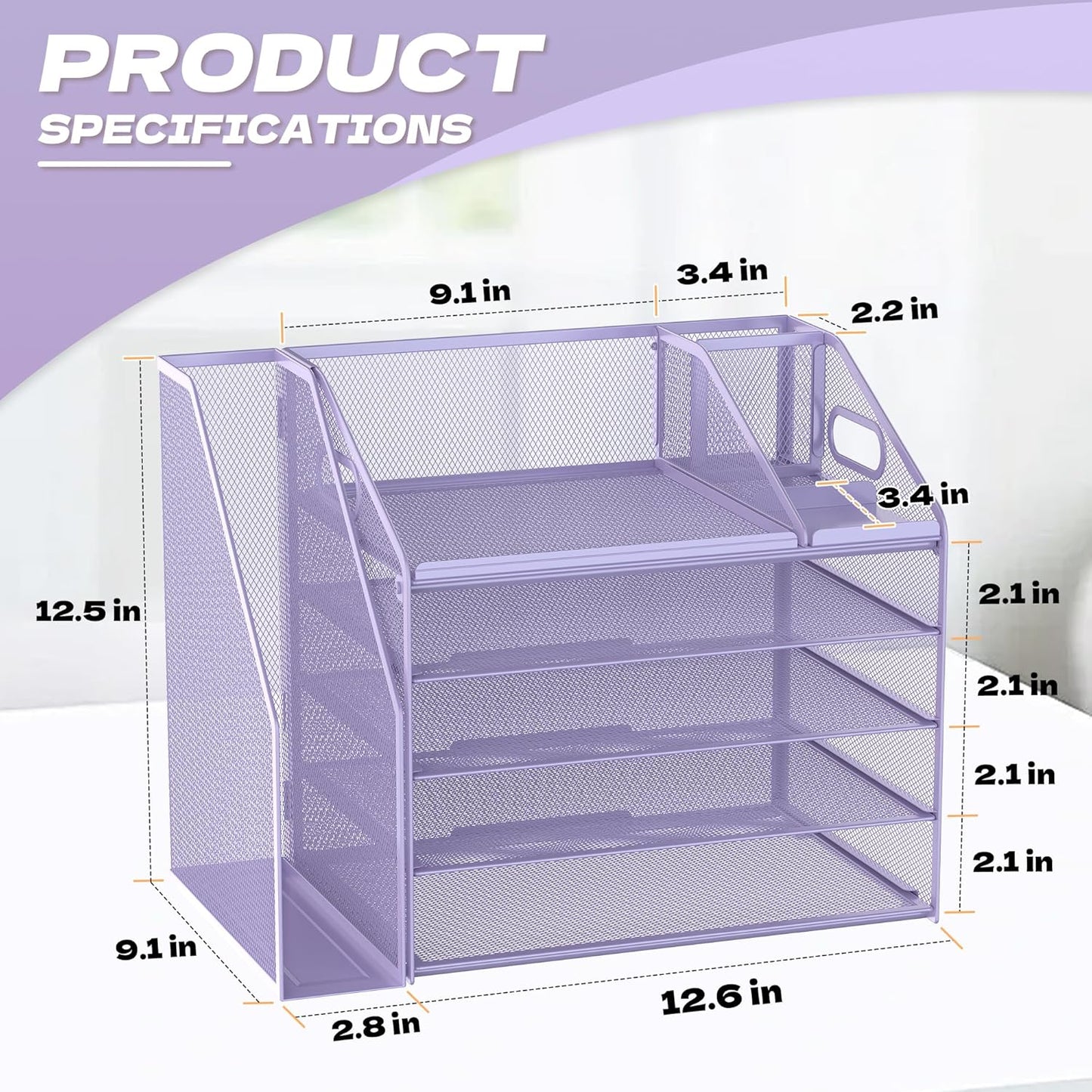 DocNest 5 Tier Paper Letter Tray File Organizer, Mesh Desk File with Handle, Workspace Desk Organizers with Pen Holder, Office Organization Storage Accessories - Purple