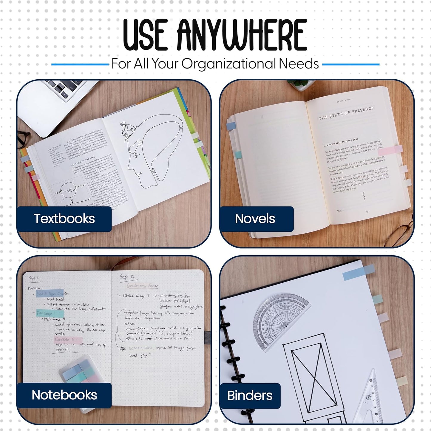 Essex Wares - 300 Pieces - Transparent Sticky Notes Tabs with Case - 5 Muted Colors - 3 Cases - 1.8" x 0.4" - 60 Pieces Each Color - Pop Up Index Tabs - Book Flags for Annotating - Book Sticky Tab