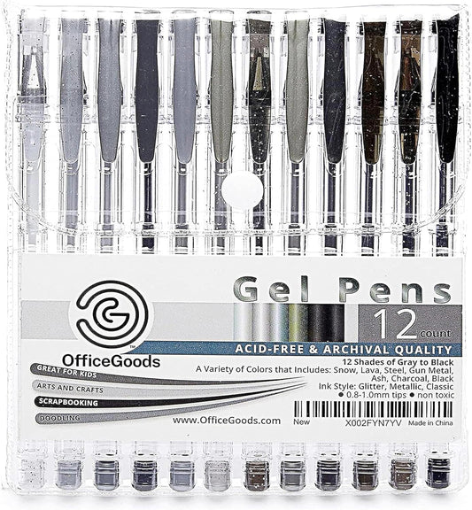 OfficeGoods Grey & Black Gel Pens with Refills – Glitter Metallic Classic – Medium 0.8-1.0mm Tips – Non-Toxic Gel Pens Set – Quick Dry Smudge-Free 12 Pack Colors