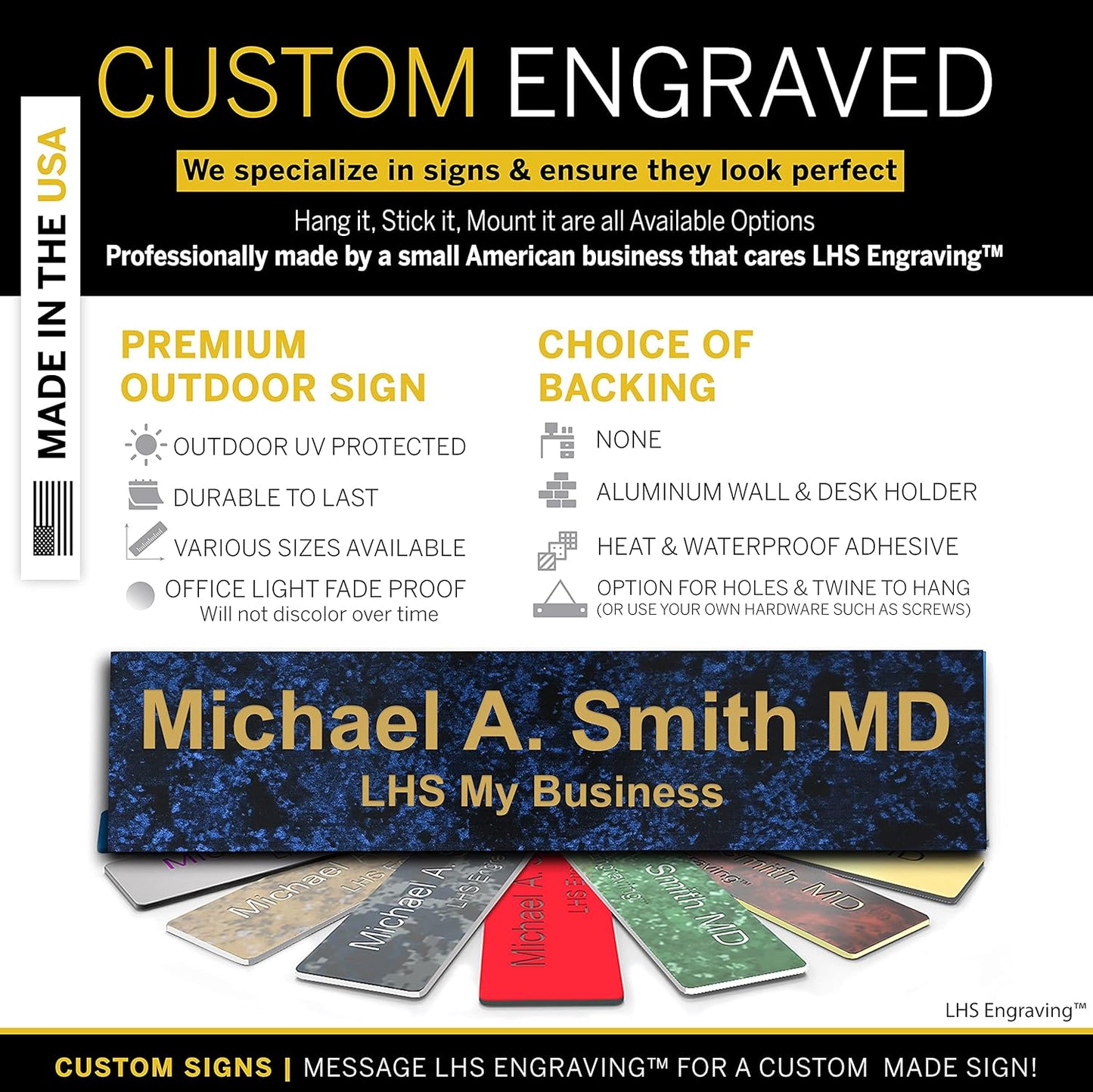 Engraved Custom Door Plate Celestial Blue Plastic Office Door Sign with Gold Letters - Made in USA 2x6 S1