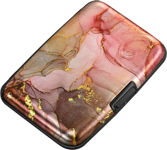 ELFISH Mini RFID Aluminum Wallet Credit Cards Holder Business Card Case Metal ID Case for Men Women（Pink Grey Marble