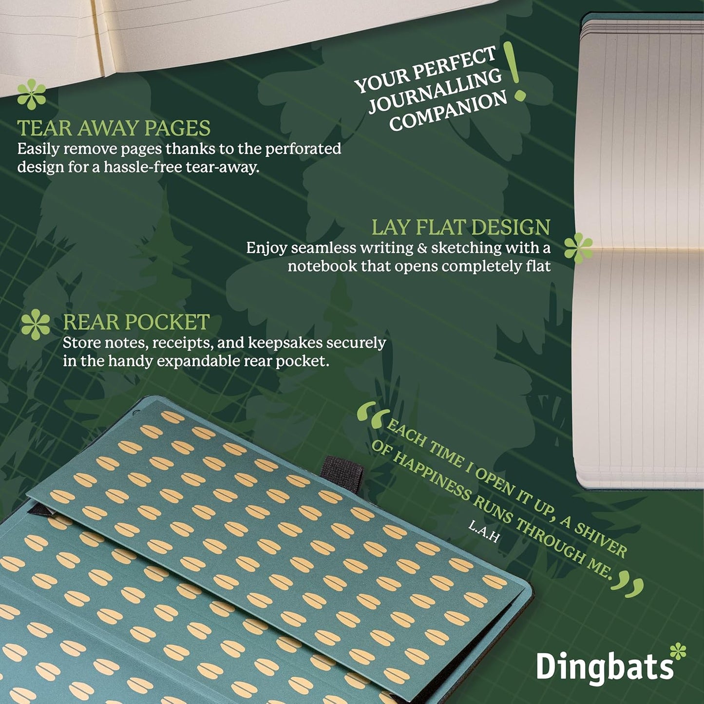 Dingbats* Wildlife Dotted Journal Notebook A5 - Vegan Leather Hard Cover, Ideal for Work, Travel - Pocket, Elastic Closure, Bookmark