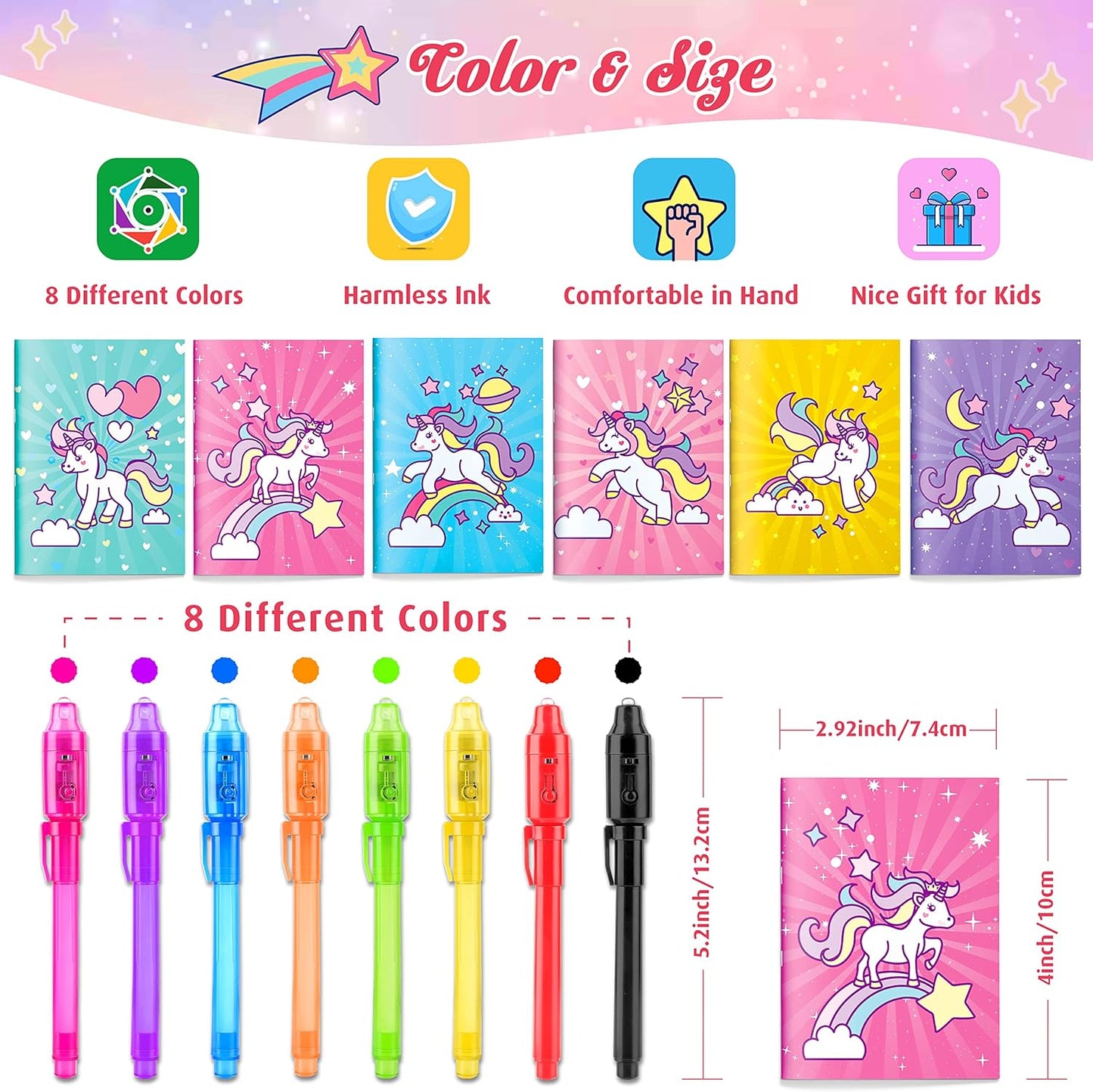 GIFTINBOX Unicorn Party Favors for Kids 4-8, 24Pack Invisible Ink Pen and Notebook, Invisible Ink Spy Pen with UV light for Kids, Classroom Prize Goodie Bag Stuffers Unicorn Toys for Kids Girls