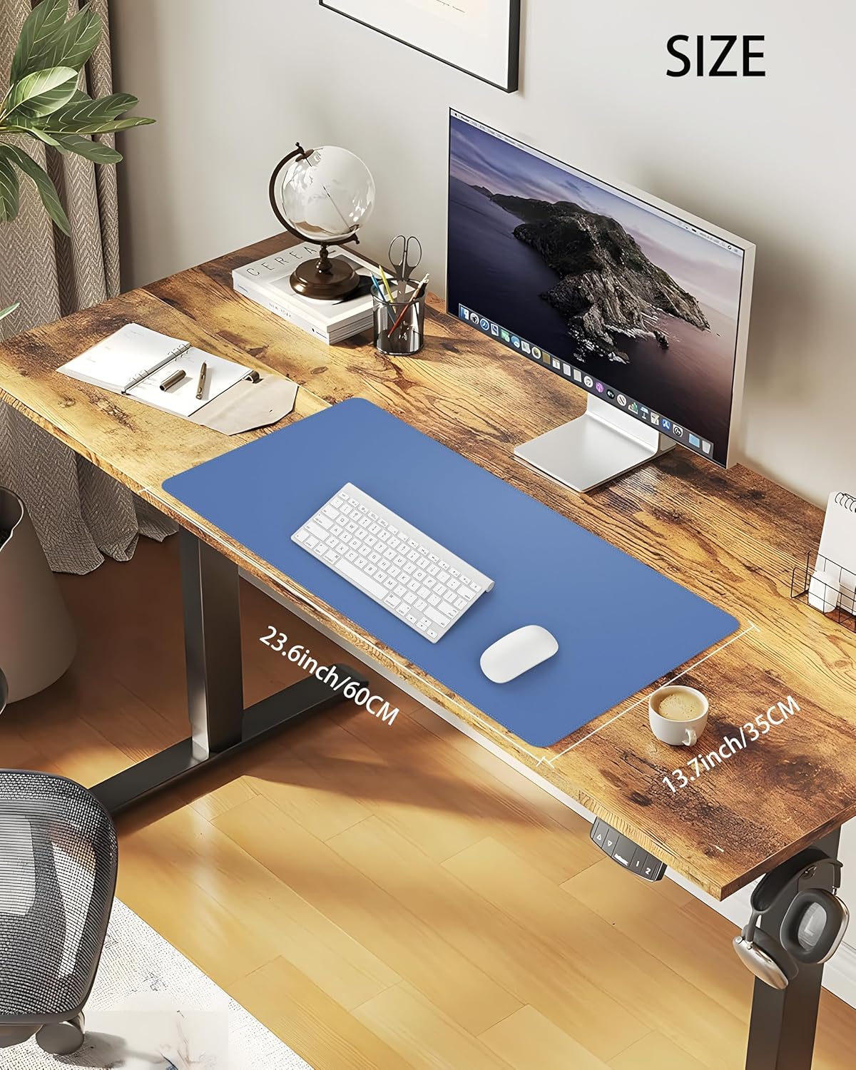 Desk Pad Mat 23.6"x13.7" - Waterproof Mouse Pad & Desk Protector, Non-Slip PU Leather for Gaming Keyboard/Mouse, Stitched Edge XL Office Desk Pad with Ergonomic Support(Gray Blue)