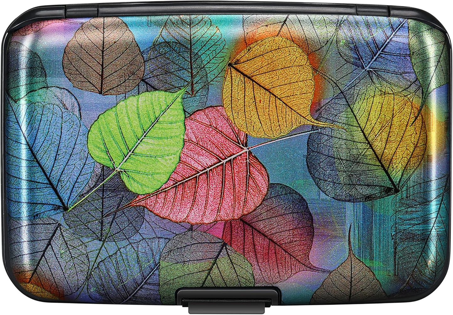 ELFISH Mini RFID Aluminum Wallet Credit Cards Holder Business Card Case Metal ID Case for Men Women（Colorful Leaves