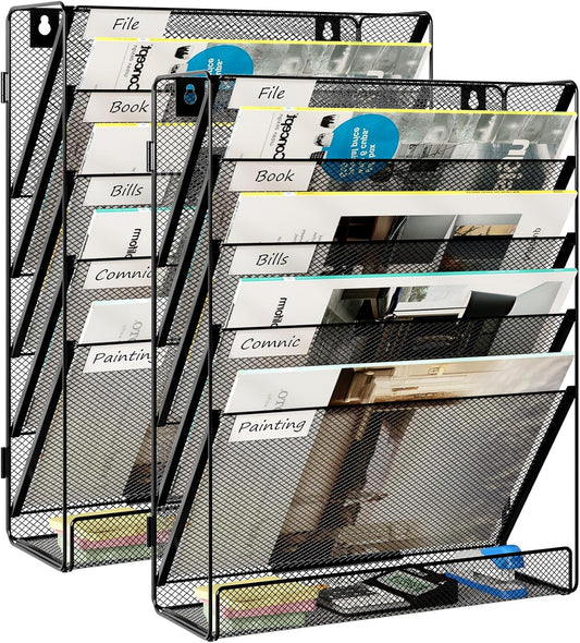 EasyPAG 5-Tier Wall File Holder, Mesh Hanging Folder Organizer with Classify Label, Versatile Desk File Organizer for Office Home, Vertical Wall Mounted Mail Sorter, Easy Assembly, 2 Pack Black