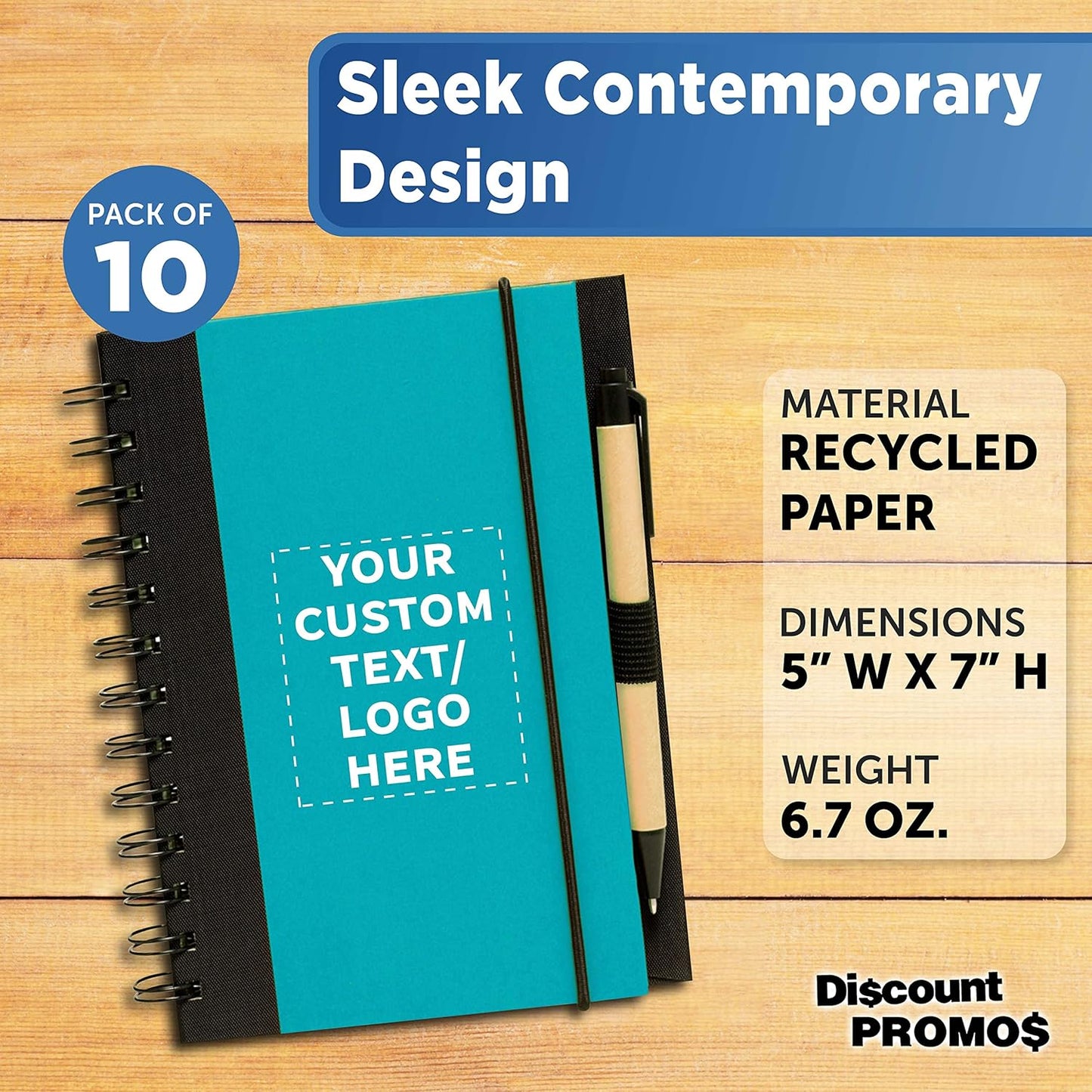 DISCOUNT PROMOS Custom Eco Block Notebooks with Pens Set of 10, Personalized Bulk Pack - Perfect for School, Office, Business, Home - Aqua