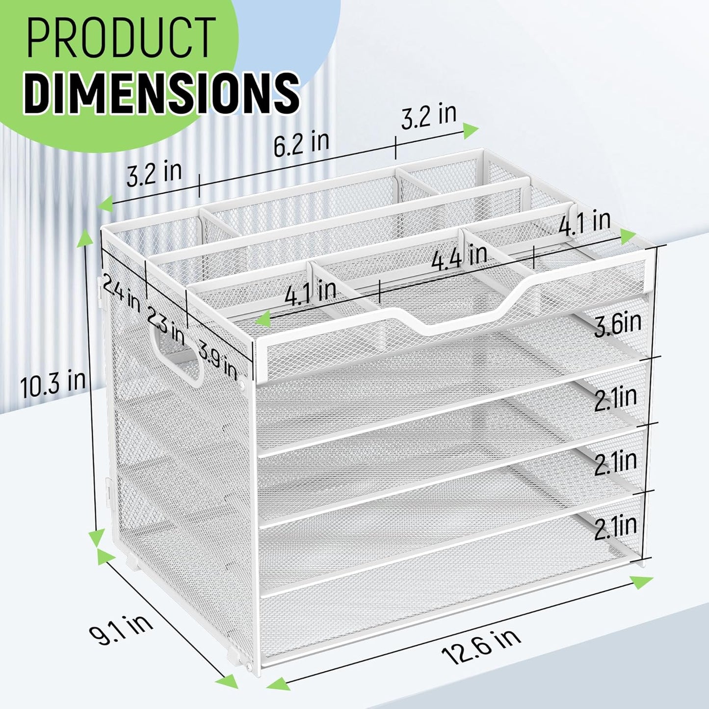 Docnest 5 Tier Mesh Desk Organizer- Letter Tray with Adjustable Compartments, Mesh Desktop Storage Built in Pen Holder and Handles, Desk Organizer Tray for Mail Documents Office Supplies–White
