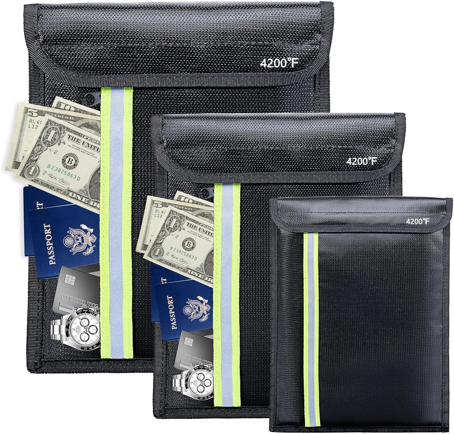 Fireproof Document Bag 3 Pack (15"x11", 13"x10", 10"x8") – Fireproof & Waterproof Money Bags with Zipper & Reflective Strip | Document Holder for Cash, Passports, Birth & Marriage Certificates