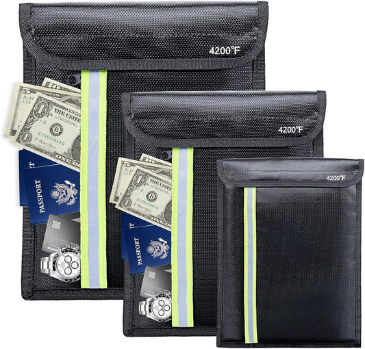 Fireproof Document Bag 3 Pack (15"x11", 13"x10", 10"x8") – Fireproof & Waterproof Money Bags with Zipper & Reflective Strip | Document Holder for Cash, Passports, Birth & Marriage Certificates