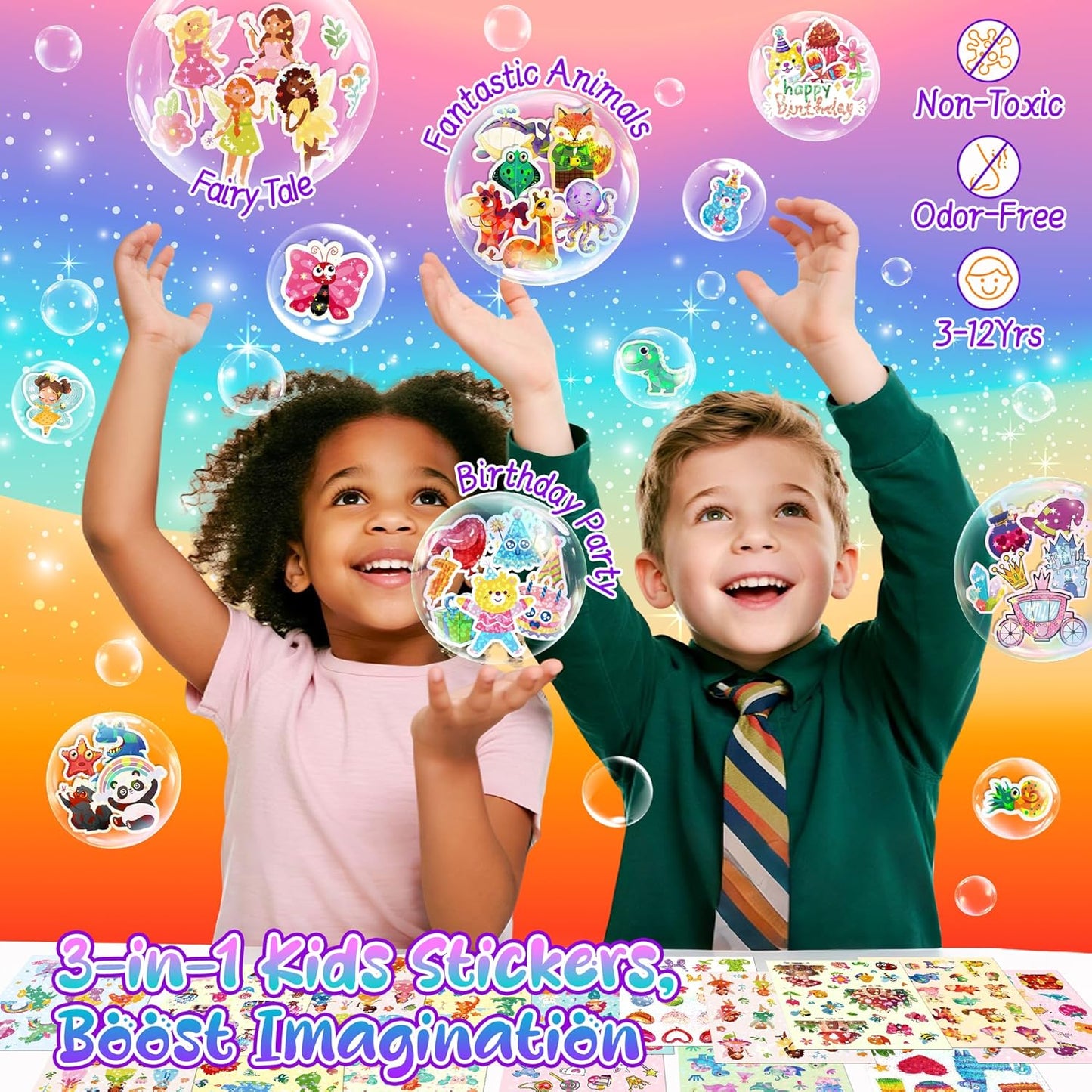1000+ Holographic Stickers for Kids - 45 Different Sheets of 3 Themes Craft, Animal, Fairy Tale and Birthday Party, Kids Stickers for School Class Gift Wrap Decoration, Gift for Toddlers Boys and Girl