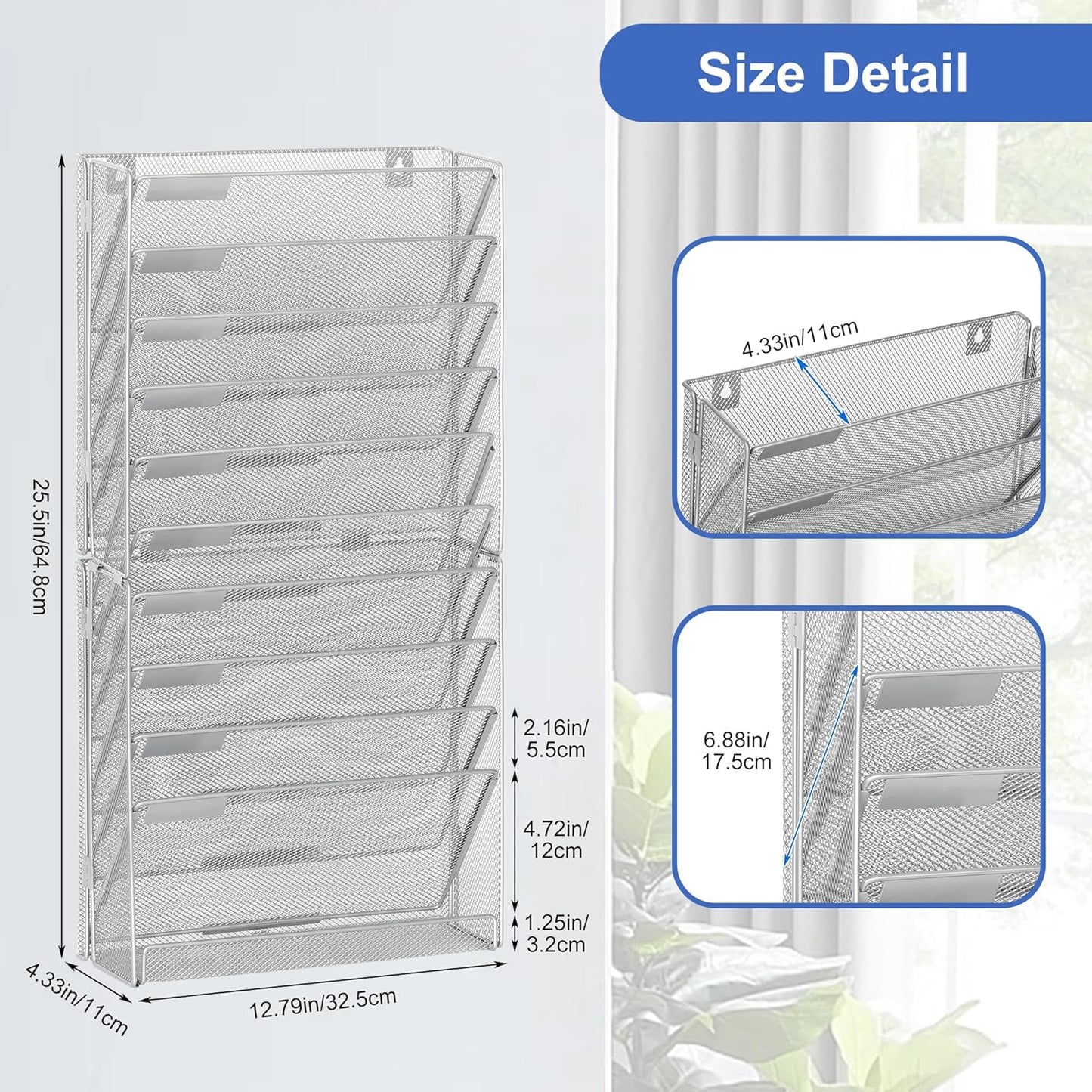 EasyPAG 11 Tier Wall File Holder with Flat Tray, Silver | Easy Assemble Mesh Desk File Organizer | 10-Folder Paper Storage | Replaceable Classify Labels | Space Saving Mail Organizer for Office Home