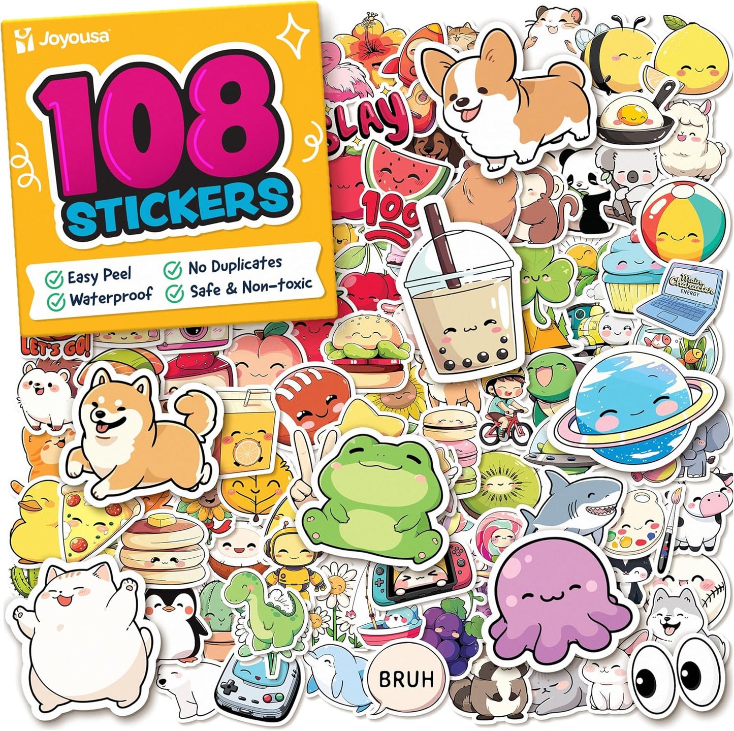 Cute Stickers for Kids - Kawaii Stickers for Kids Classroom Decor, Water Bottle & Teacher Rewards - 108pc Easy Peel Bulk Pack for Teens - Waterproof Vinyl Decals - Scrapbooking, Journaling, Notebook