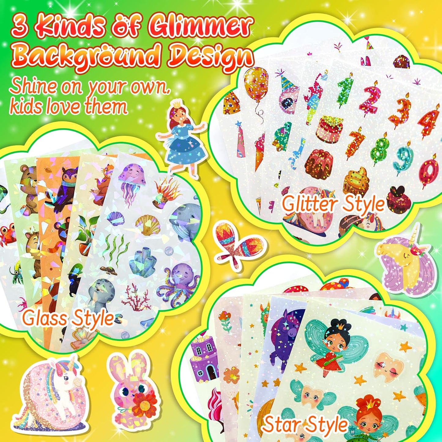 1000+ Holographic Stickers for Kids - 45 Different Sheets of 3 Themes Craft, Animal, Fairy Tale and Birthday Party, Kids Stickers for School Class Gift Wrap Decoration, Gift for Toddlers Boys and Girl