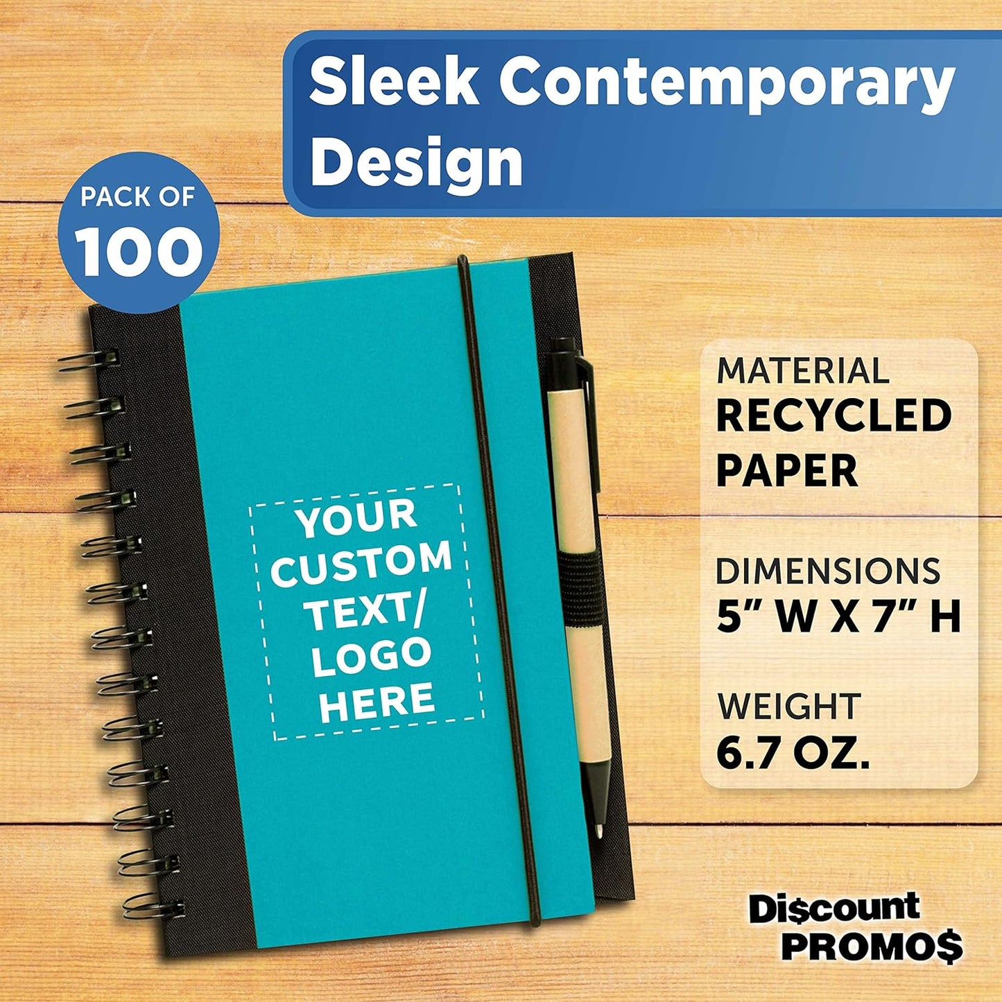 DISCOUNT PROMOS Custom Eco Block Notebooks with Pens Set of 100, Personalized Bulk Pack - Perfect for School, Office, Business, Home - Aqua