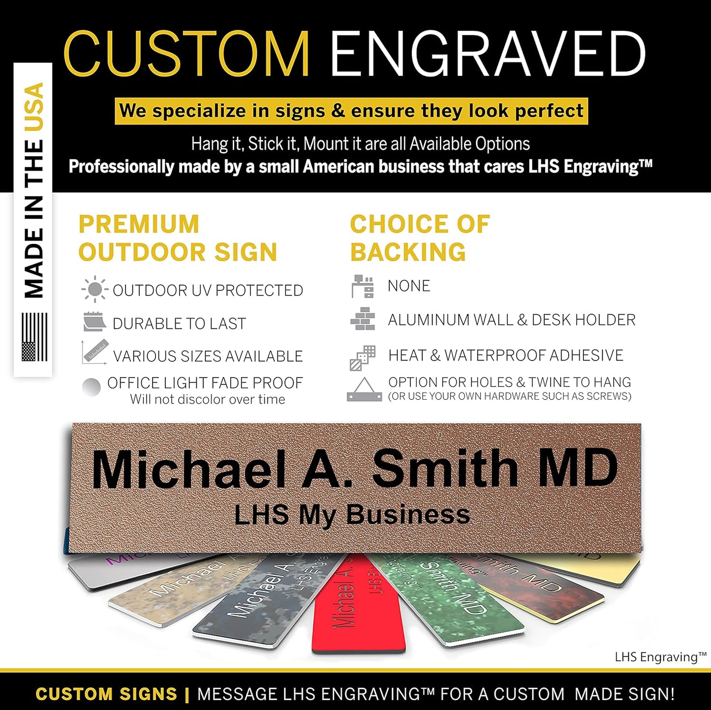 Engraved Name Plates for Door Sign Personalized Textured Copper Plastic Plaque with Black Letters - Made in USA 2x6 M2