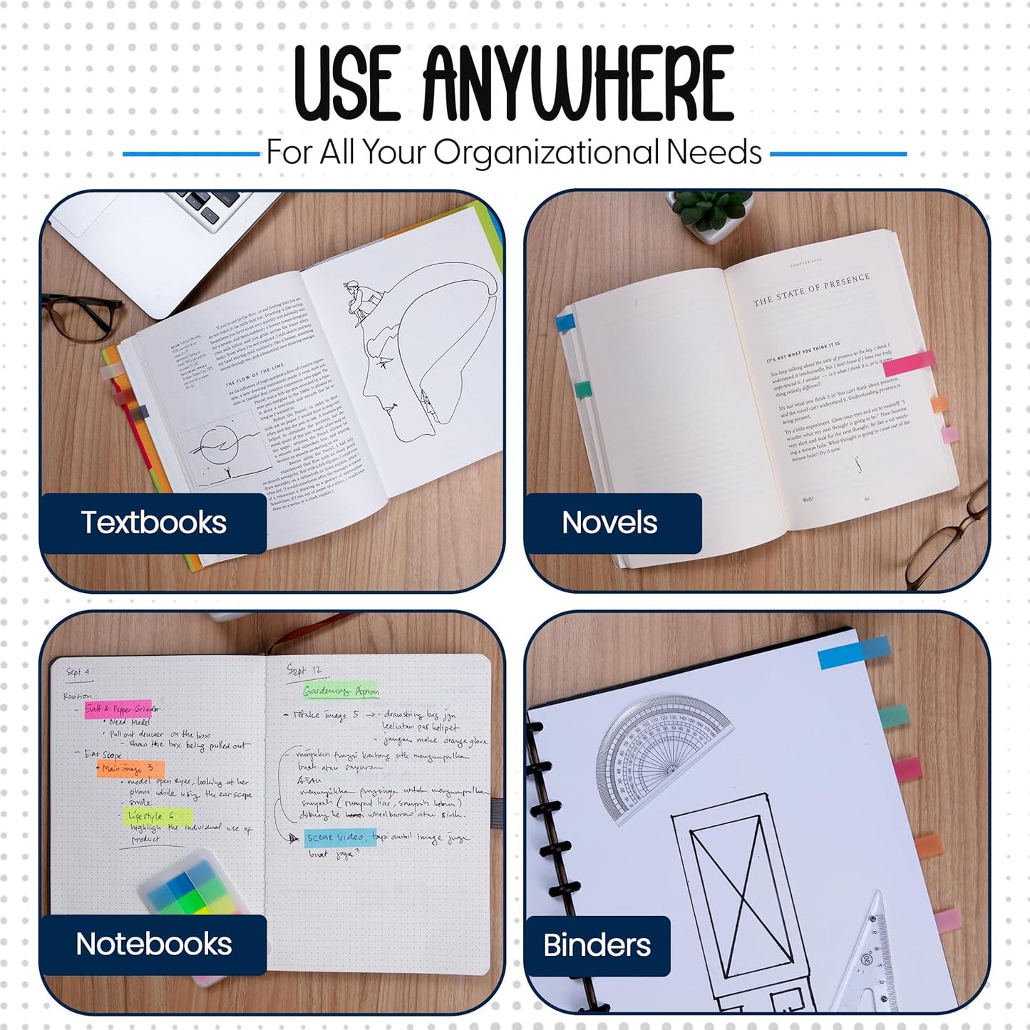 Essex Wares - 300 Pieces - Transparent Sticky Notes Tabs with Case - 5 Bright Colors - 3 Cases - 1.8" x 0.4" - 60 Pieces Each Color - Pop Up Index Tabs - Book Flags for Annotating - Book Sticky Tabs