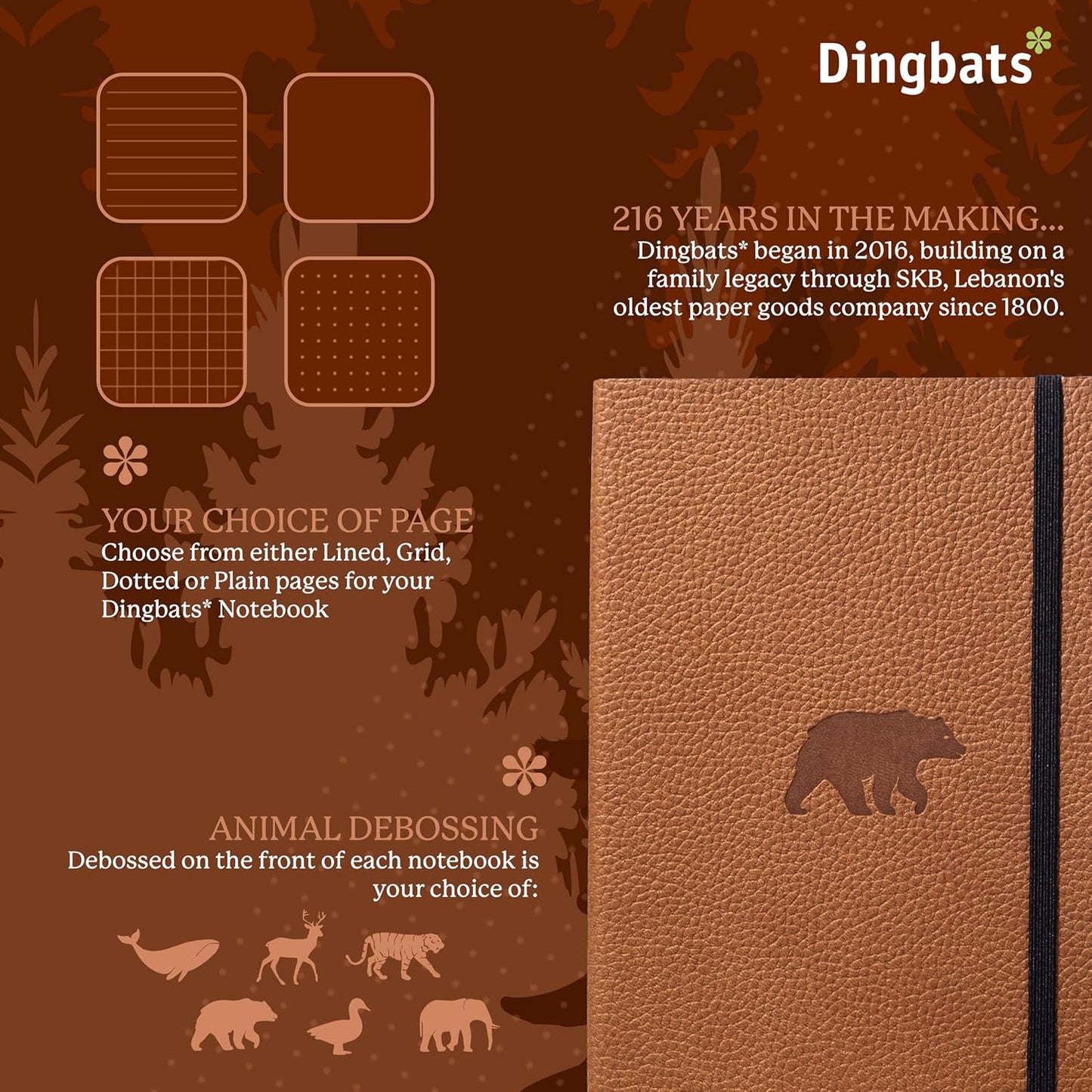 Dingbats* Wildlife Dotted Journal Notebook A5 - Vegan Leather Soft Cover, Ideal for Work, Travel - Pocket, Elastic Closure, Bookmark