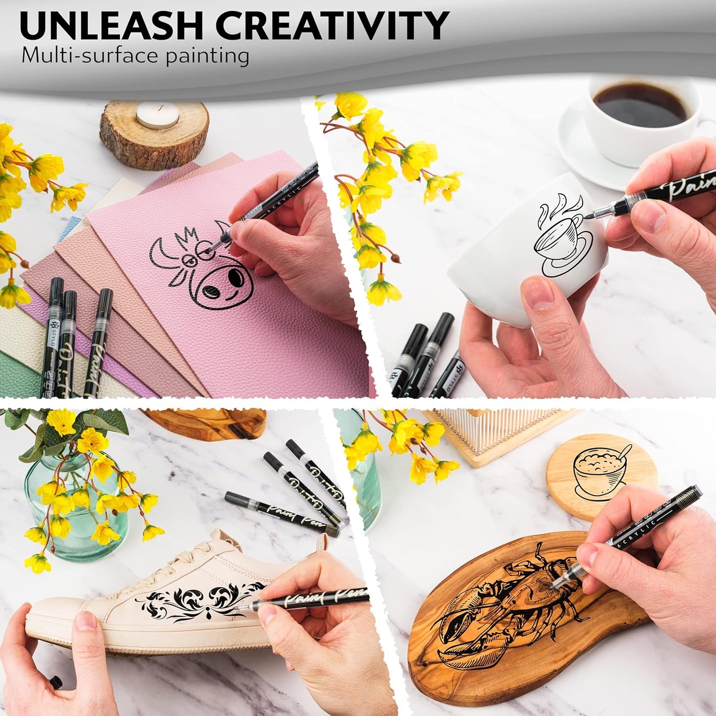 Stylo 8 Count Acrylic Metallic Pens - Black Paint Pens - Fine Tip Permanent Acrylic Metallic Paint Markers for Rock Painting, Glass, Wood, Ideal for Arts and Crafts (Pack of 8, Black)