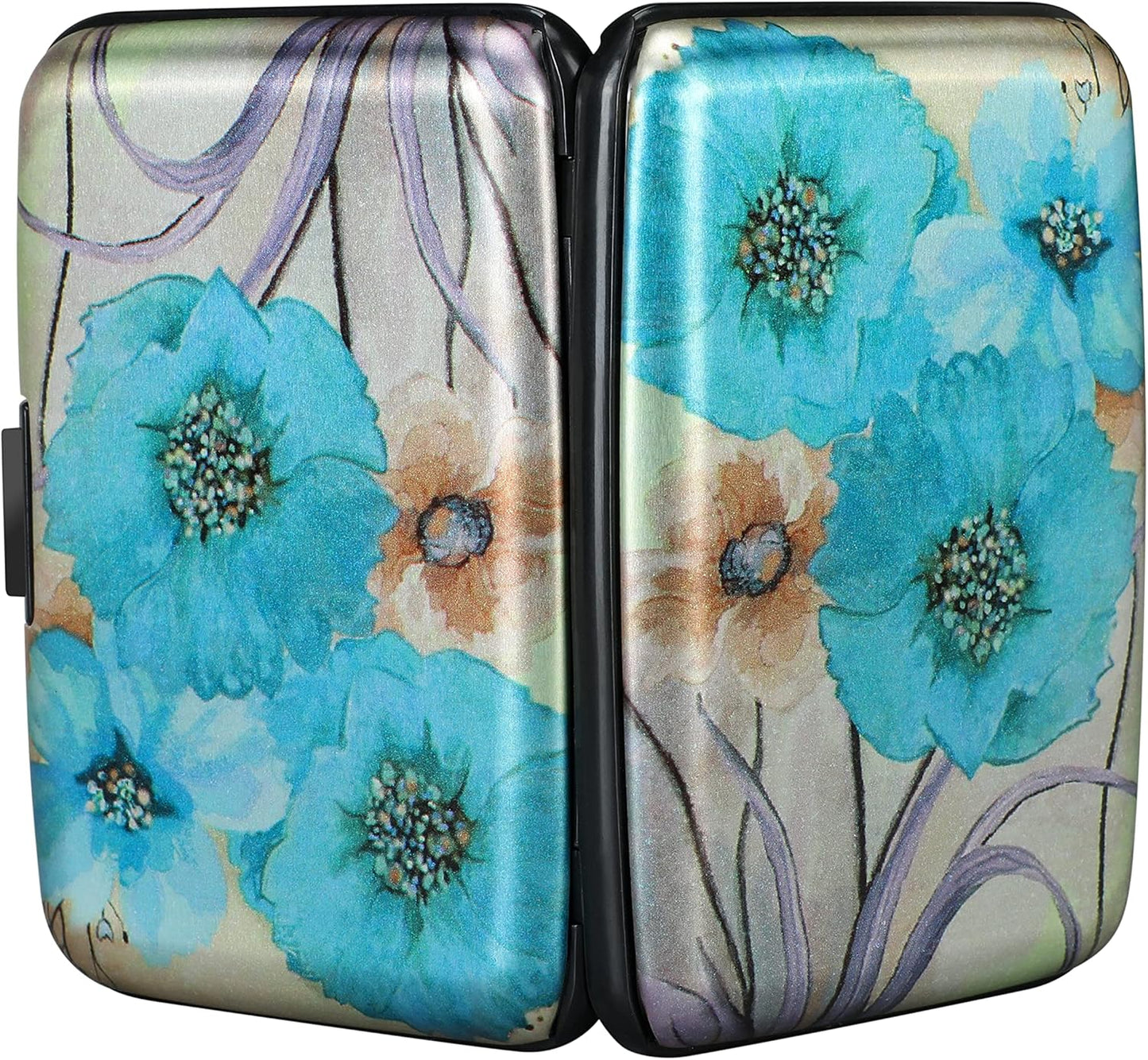 ELFISH Mini RFID Aluminum Wallet Credit Cards Holder Business Card Case Metal ID Case for Men Women(Blue Flower)