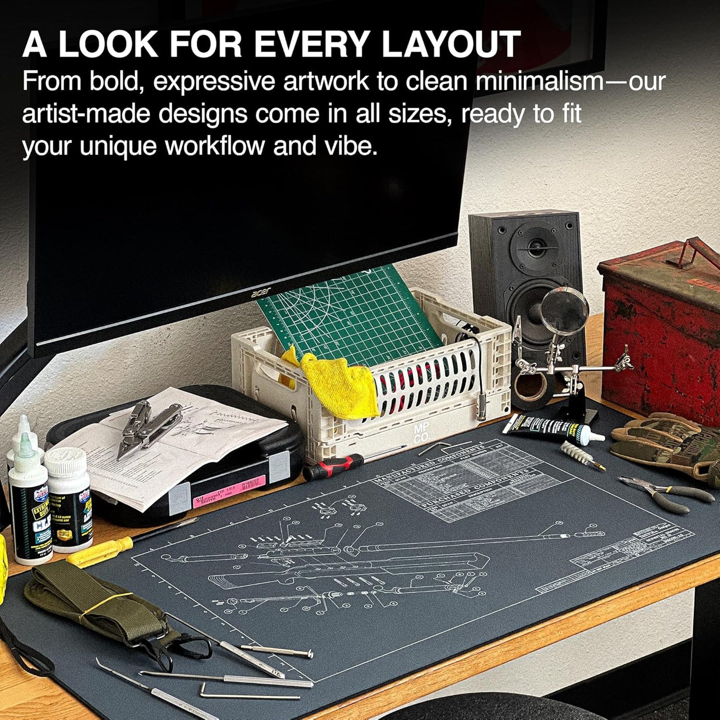 MPCO. Blueprints Large Gaming Desk Pad - 36" x 17" Duraglyde Fabric Browning 50 Cal – Blue Desk Mats - Non-Slip, Washable, Smooth Glide for Precision Gaming & Work