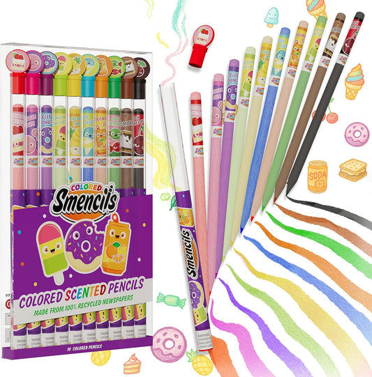 Colored Smencils - Patented Gourmet Scented Colored Pencils made from Recycled Newspapers, 10 Count, Gifts for Kids, School Supplies, Classroom Rewards