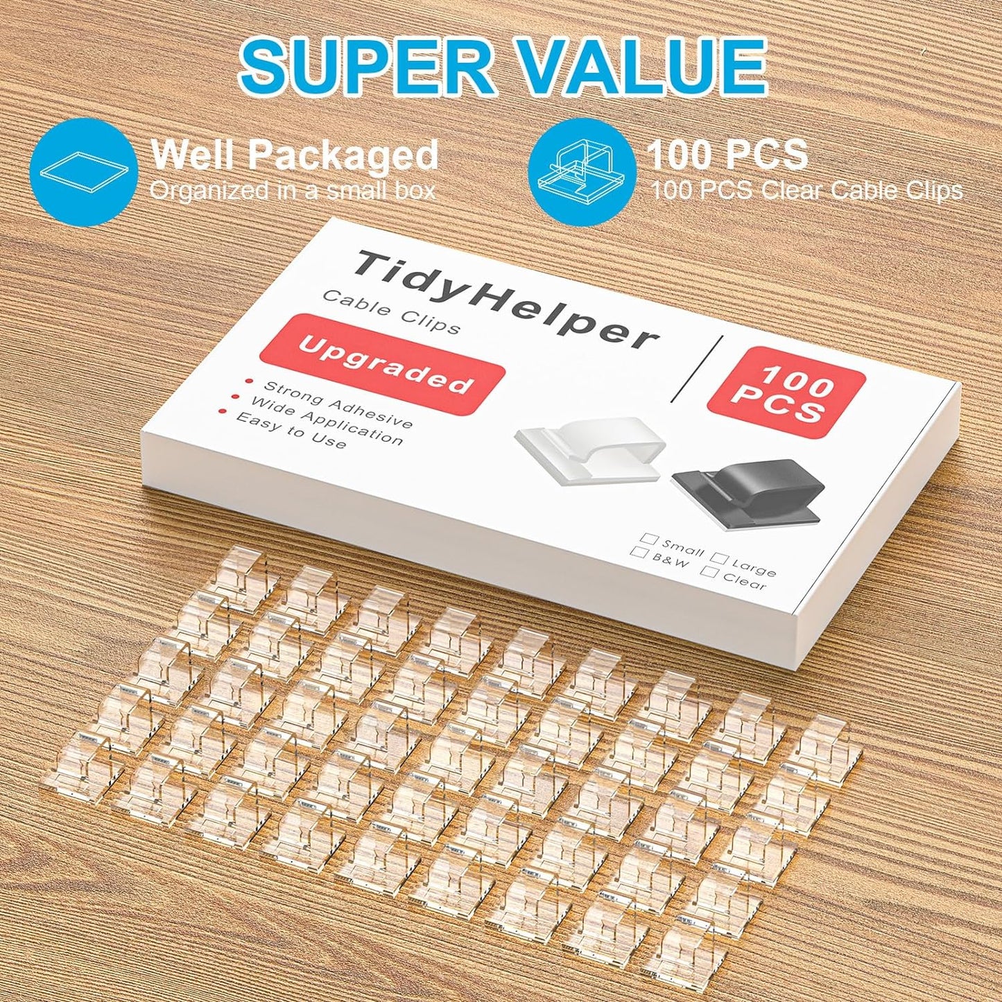 100 PCS Outdoor Light Clips (Small, Clear), Christmas Light Clips for String Lights, Adhesive Cable Clips for Cable Management Cord Organizer, Wire Holders Hooks for Wall, Car, PC