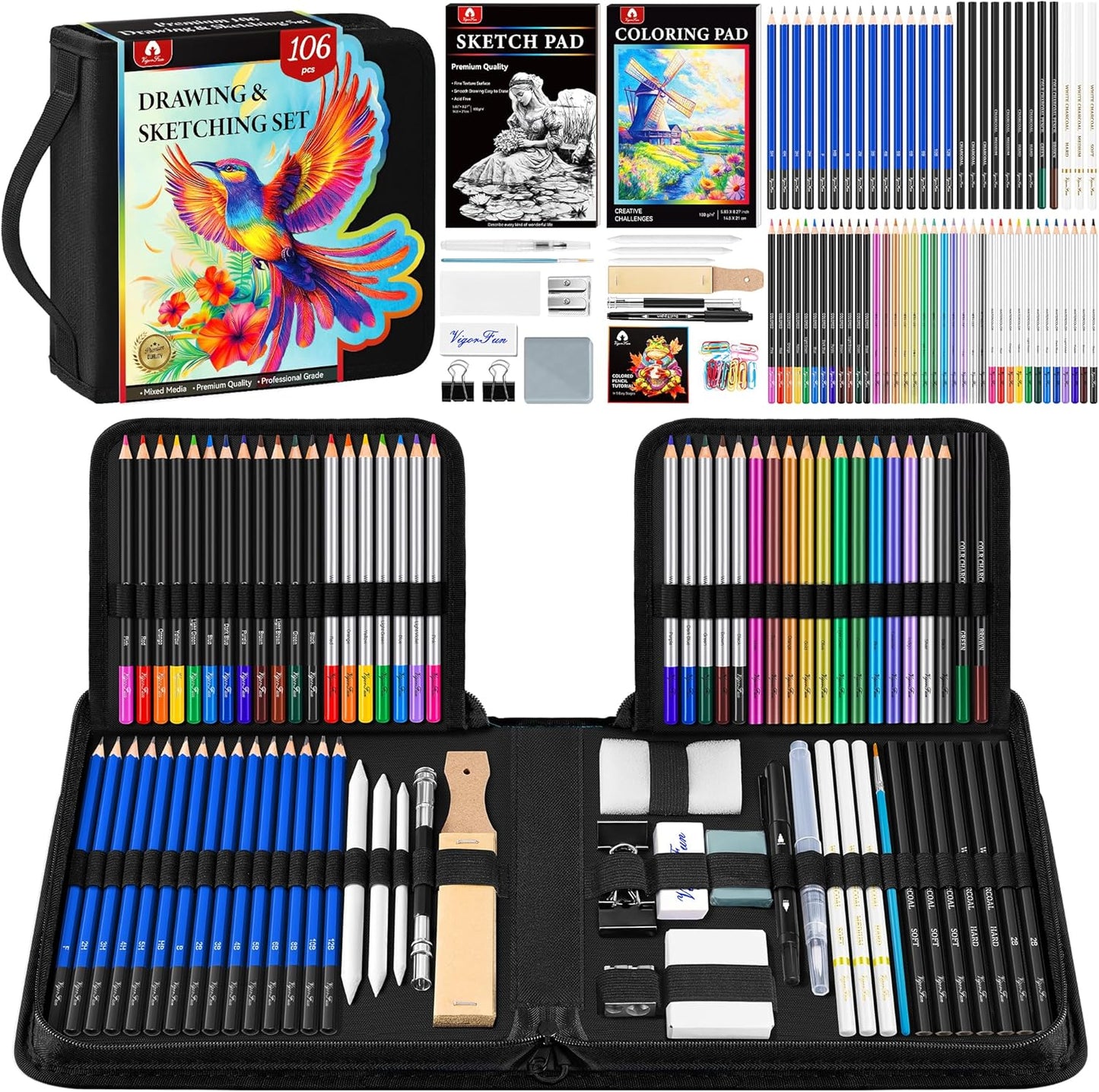 106 PCS Art Supplies Sketching Kit, Pro Drawing Pencils with 3-Color Sketchbook, Coloring Book, Colored Graphite Charcoal Watercolor & Metallic Pencils, Drawing Supplies Gifts for Artists Adults Kids