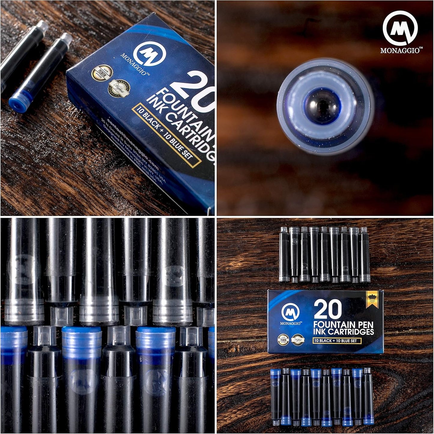 MONAGGIO Black & Blue Ink Cartridges for Fountain Pens. Big Pack of 20 Short International Standard Size Cartridges. Perfect for Calligraphy Pen. Universal Fine Design with Incredible Color