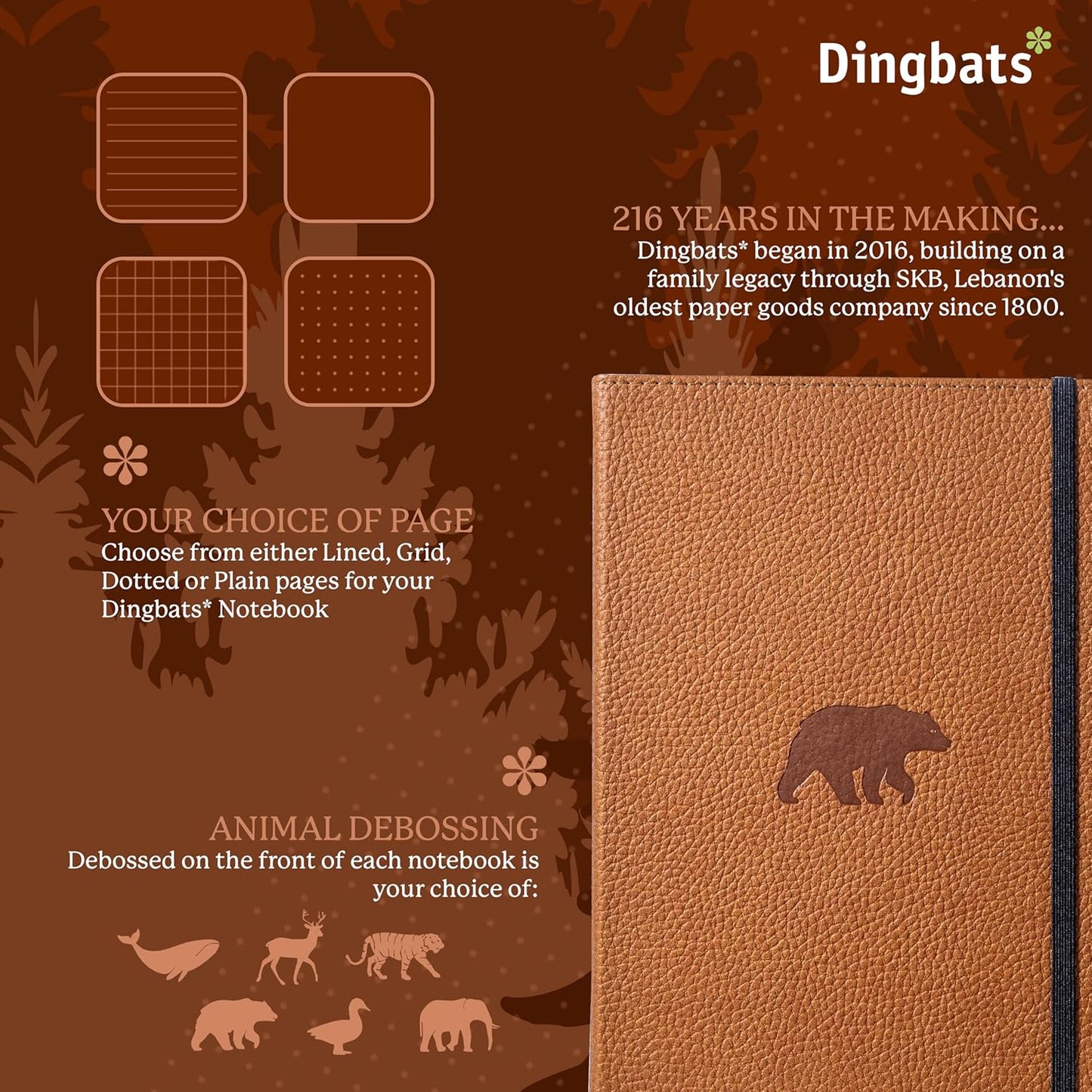 Dingbats* Wildlife Grid Writing Journal Notebook A5 - Vegan Leather Hardcover - Ideal for Work, Travel - Pocket, Elastic Closure, & Bookmark
