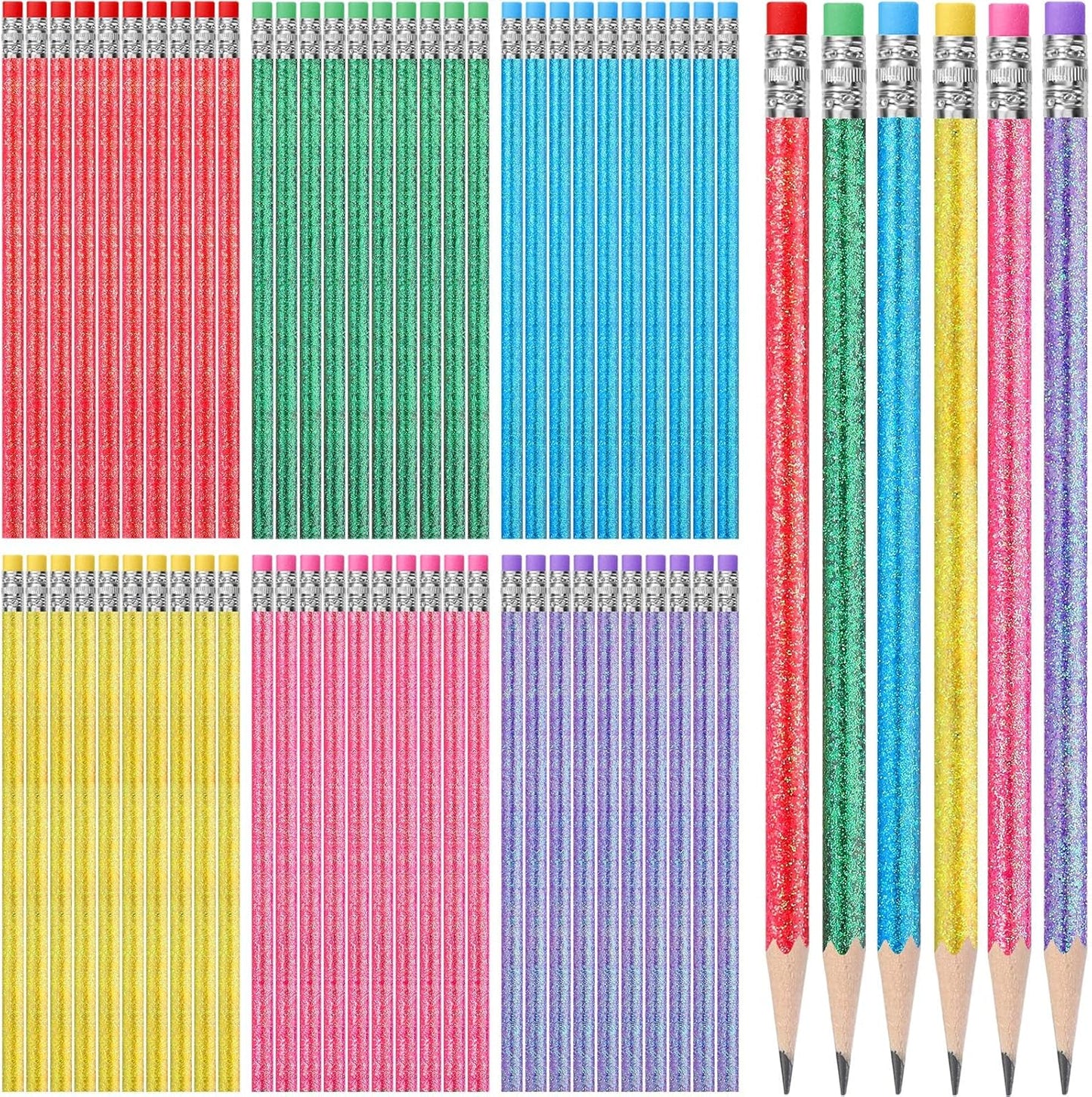 TecUnite 60 Pcs HB Pencils #2 Unsharpened Wood Cased Pencils with Eraser Hexagonal Pencil Cute Graphite No 2 Pen for Adults Gifts Exam School Office Sketching Learning (Glitter Color, Silver)